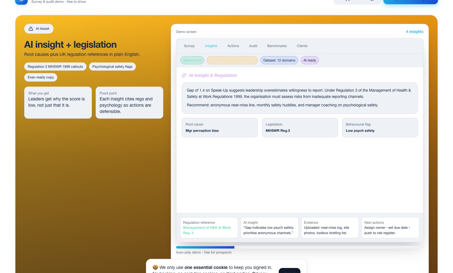 The BehaviouralSafety.org platform, showing an AI insight with a UK regulation citation