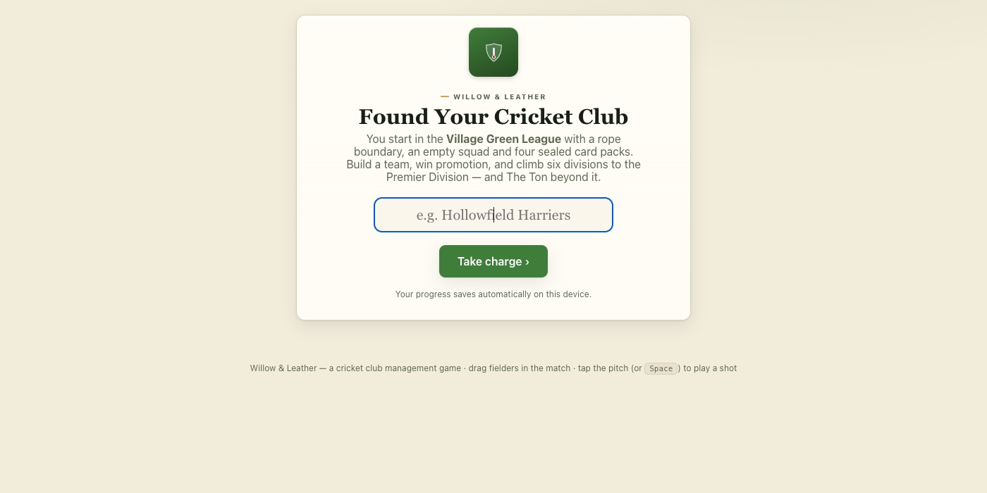 Willow & Leather — 'Found Your Cricket Club' opening screen